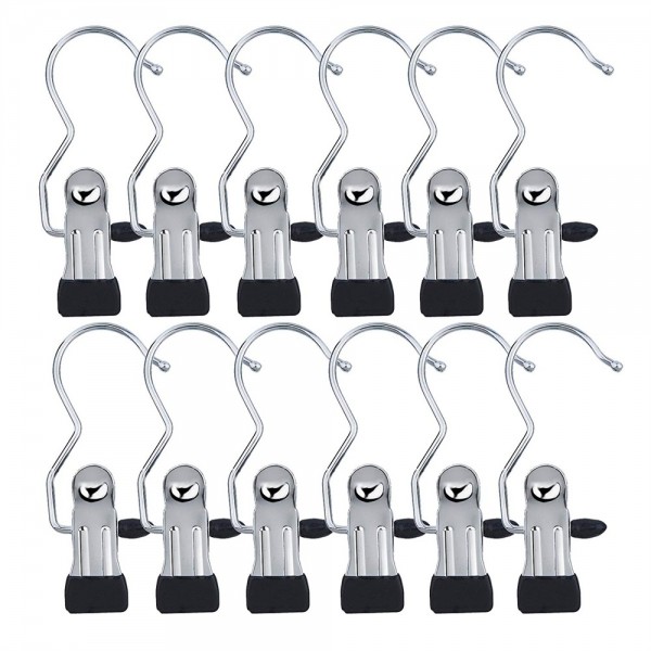 Higift (Set of 12) Portable Laundry Hook Boot Hanger Clips, Hanging Clothes Pins Stainless steel Travel Home clothing Boot Hanger Closet Hold Clips
